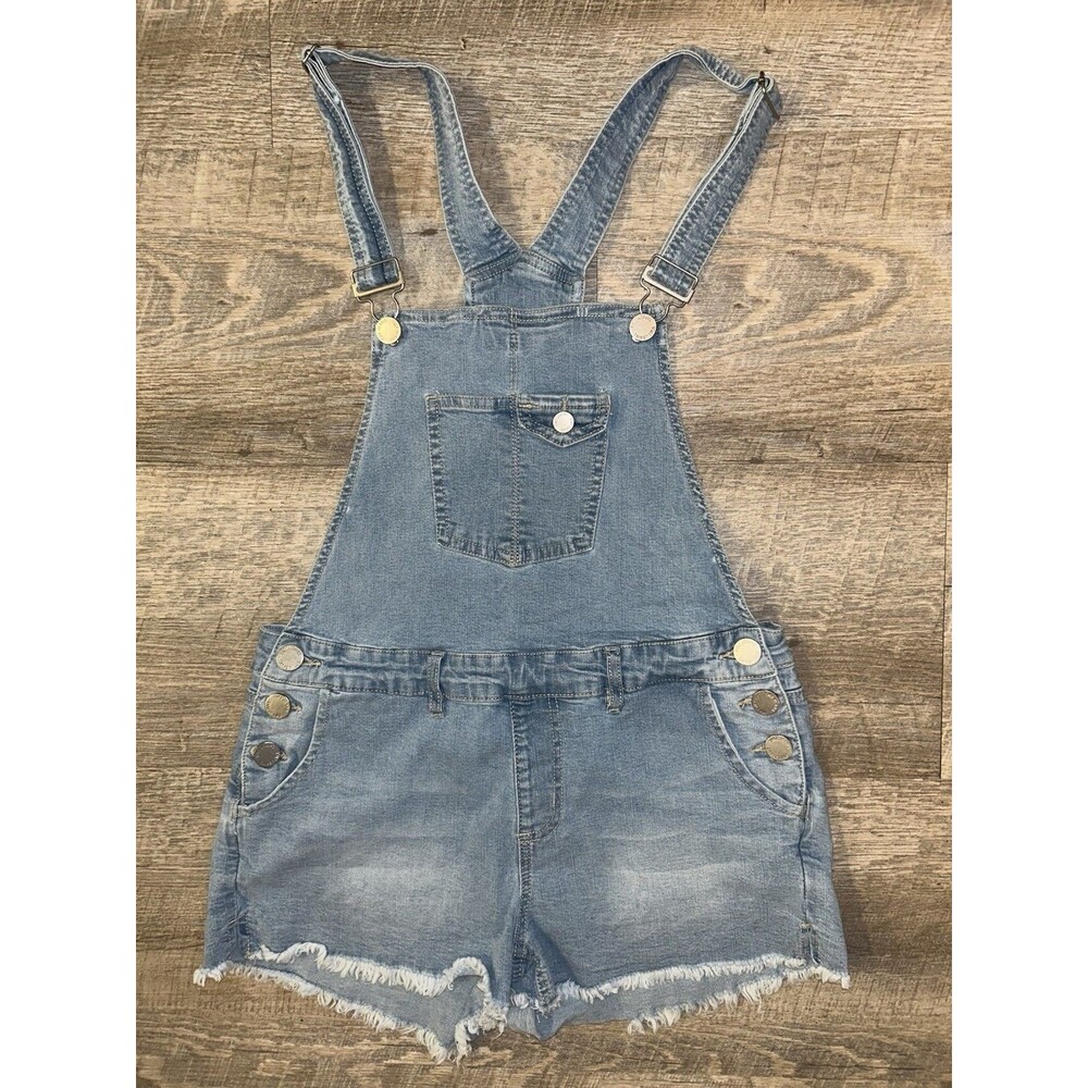 YMI Jeans USA Distressed Denim Shortalls Overalls Size 7 Light Wash Frayed Y2K